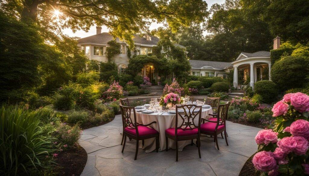 A photo of The McCreery House's beautiful gardens and versatile event spaces with various people and outfits.
