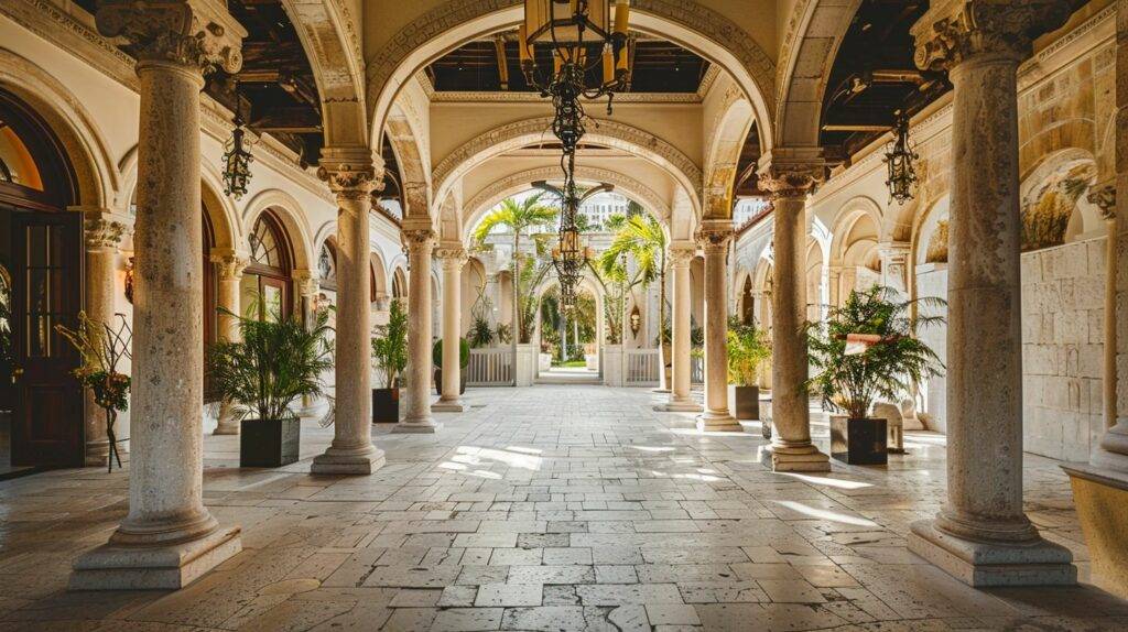 A historic Miami wedding venue with grand arches and intricate details.