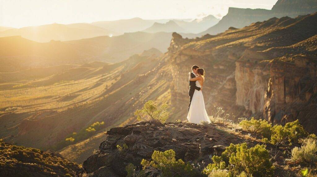 A newlywed couple embraces in a stunning mountain landscape, captured with a Canon EOS 5D Mark IV.