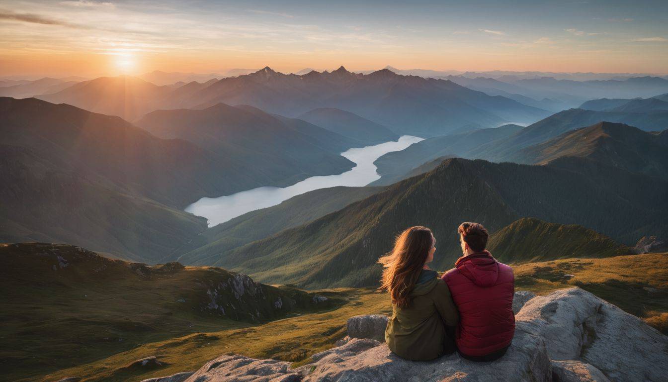 A man and woman embrace on a mountain overlook at sunrise in a bustling atmosphere.