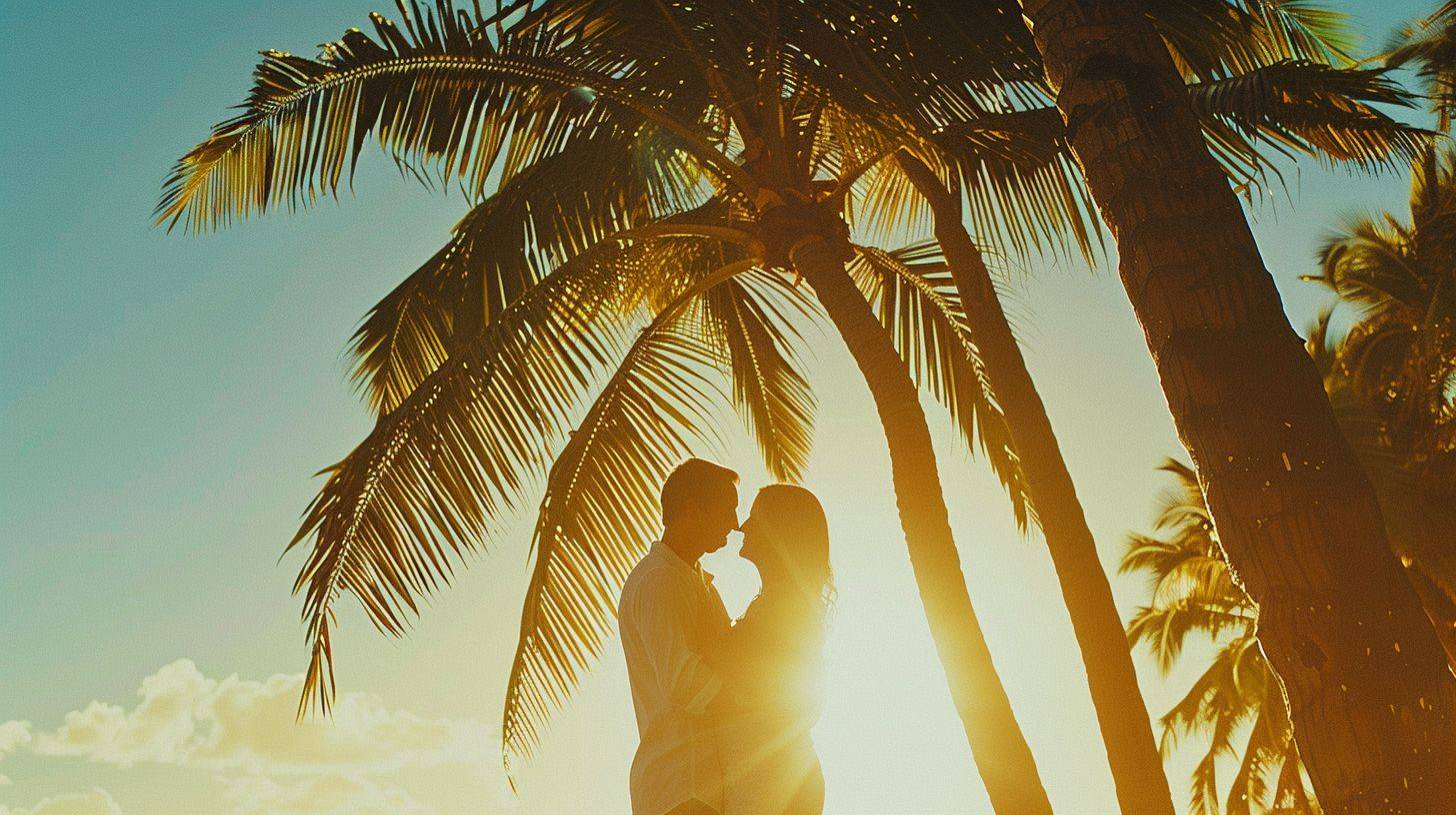A couple embracing under palm trees at Sunset Beach.