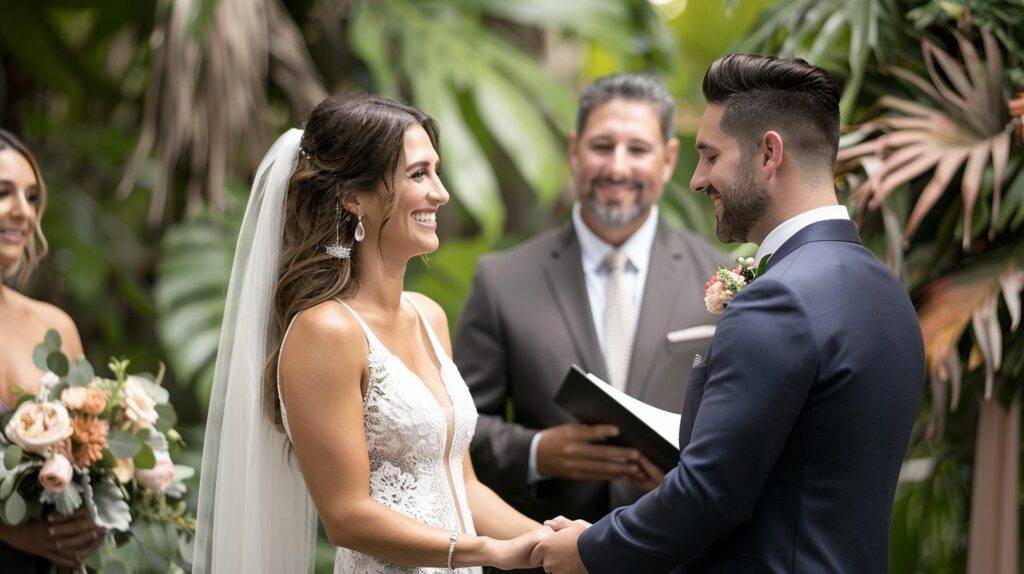 A happy couple is getting married in a beautiful garden at a top Miami wedding venue.