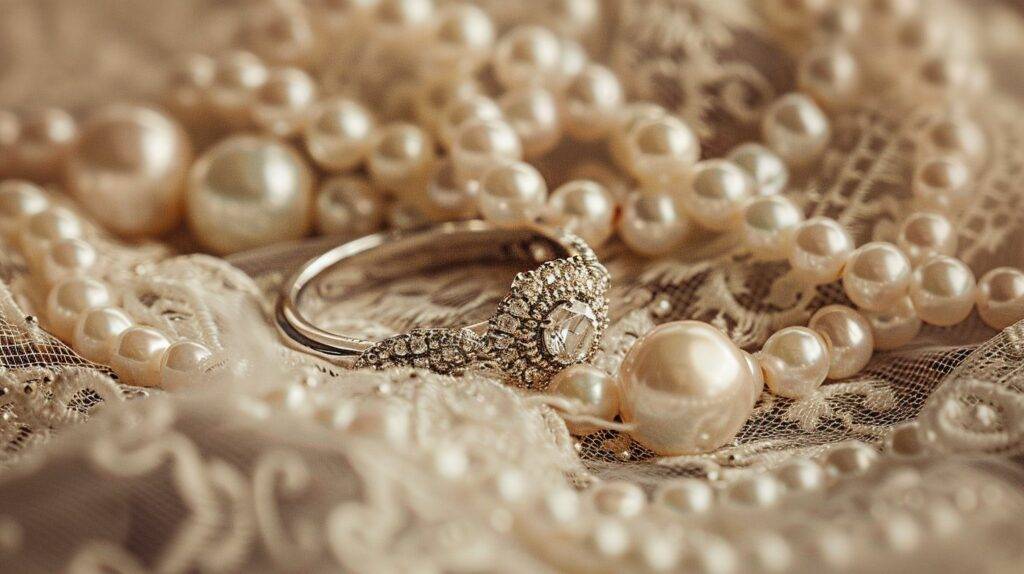 An antique wedding ring on lace and pearls, captured with a macro lens.