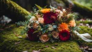 A bohemian-style wedding bouquet and rings on a moss-covered forest floor, captured in a bustling atmosphere with different faces and outfits.