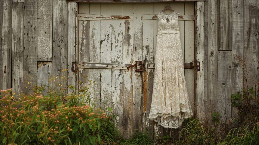 A vintage lace wedding dress displayed on a weathered barn door in nature.