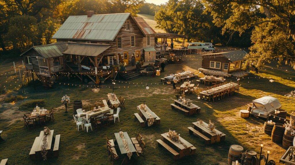 A rustic outdoor wedding venue with vintage decor captured using aerial photography with a drone.