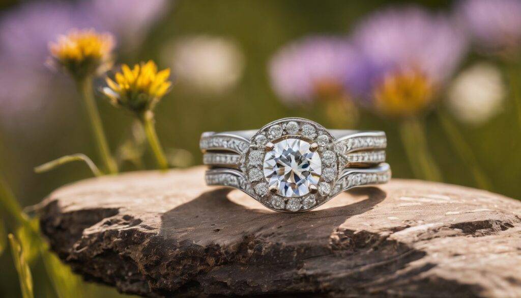 A pair of elegant wedding rings in a natural mountain setting surrounded by vibrant wildflowers.