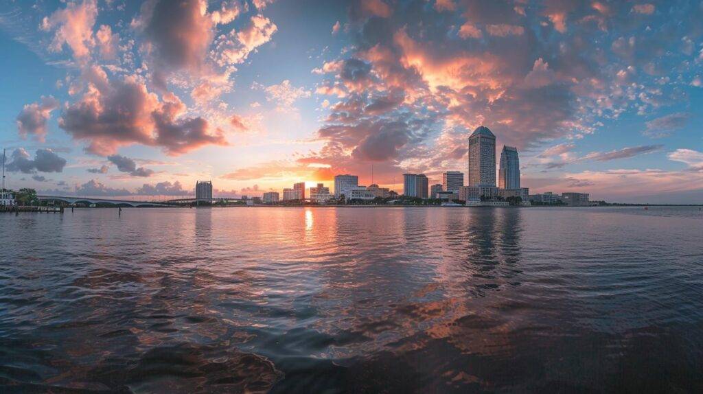 A wide-angle shot of the Jacksonville skyline at sunset.