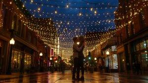 A couple embracing in Larimer Square under string lights.
