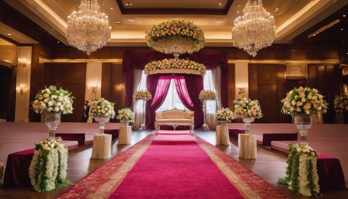 A beautifully decorated wedding ceremony venue with various attendees.
