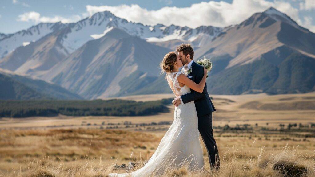 A newlywed couple embracing with a mountain backdrop captured using a wide-angle lens for expansive scenery.
