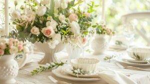 A bridal shower table adorned with elegant tableware and floral centerpieces, captured in a still life photograph.