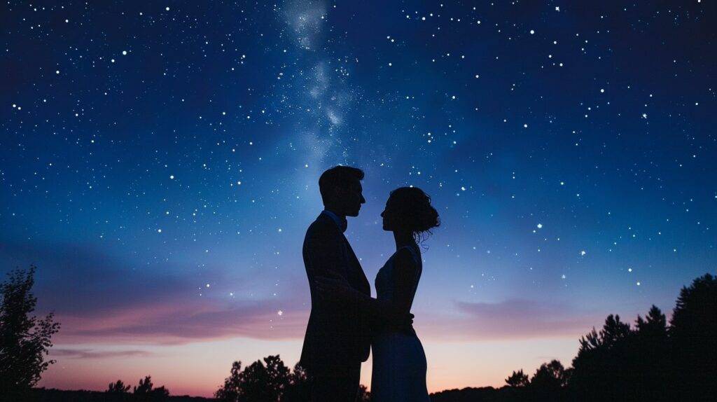 A wedding videographer captures a newlywed couple sharing a romantic dance under the starry night sky.