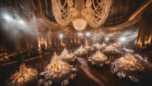 A grand chandelier hanging in a bustling event venue with diverse guests.