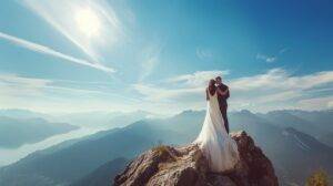 A newly married couple celebrating on a mountaintop with a scenic view.
