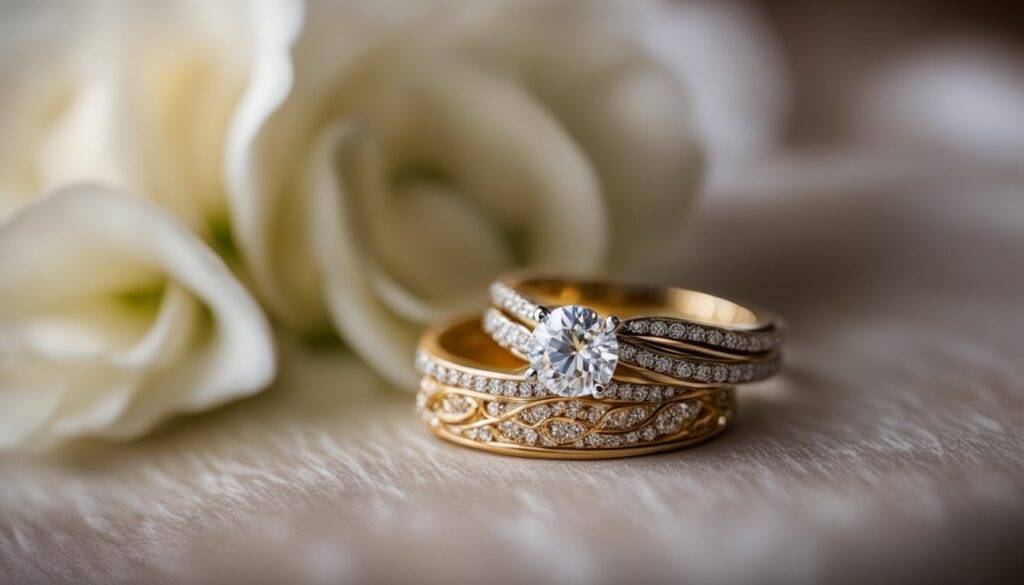 A stunning wedding ring and bouquet displayed on a vintage table in a bustling atmosphere.