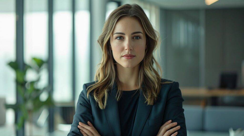 A professional businesswoman in a sleek office setting, posing for a portrait photo.