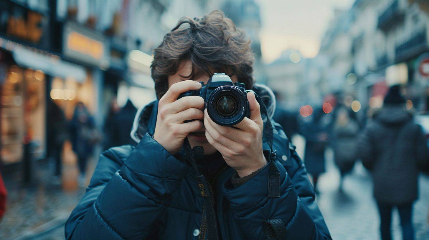 A person taking candid street photos in a busy city with a mirrorless camera.