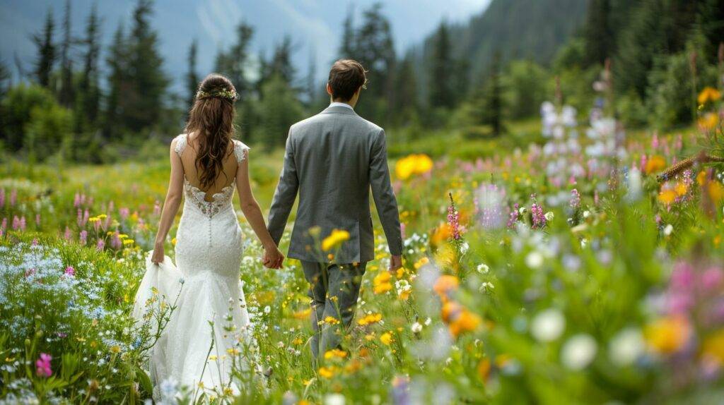 A bride and groom walking through a field of wildflowers in nature photography.