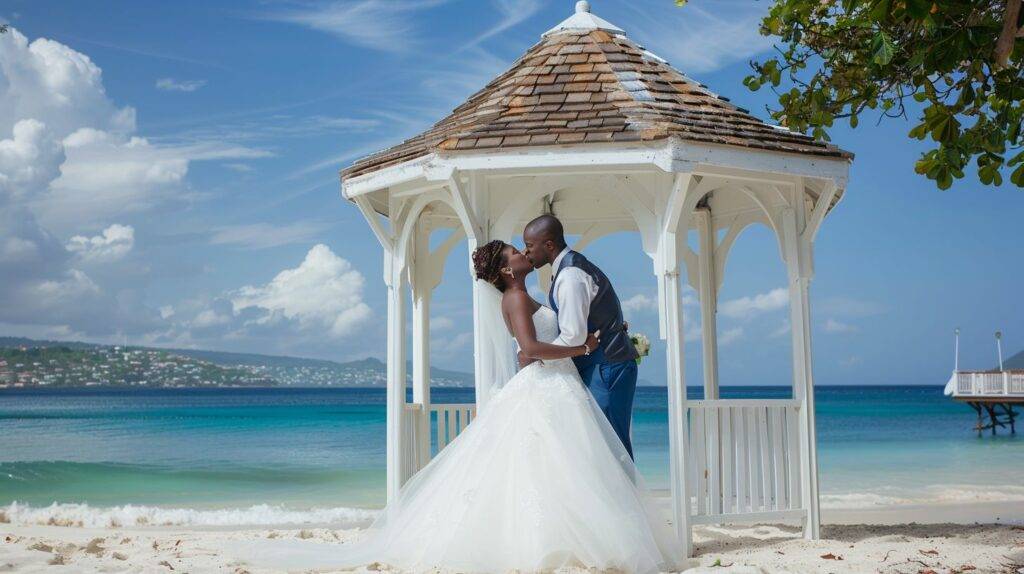 A bride and groom kiss under a beach gazebo, captured by a wedding photographer.