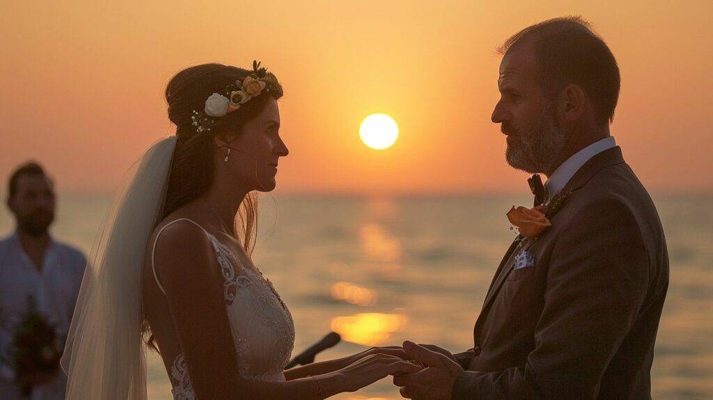 The bride and groom exchange vows at sunset, captured by Seascape Photography using a DSLR.