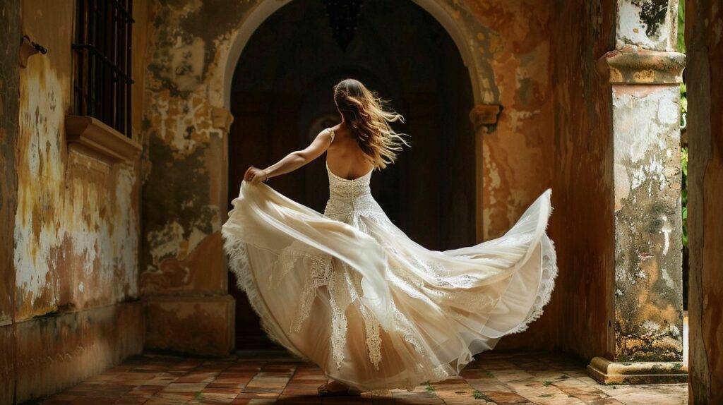 A bride twirls in her designer wedding gown at a historic San Juan courtyard.