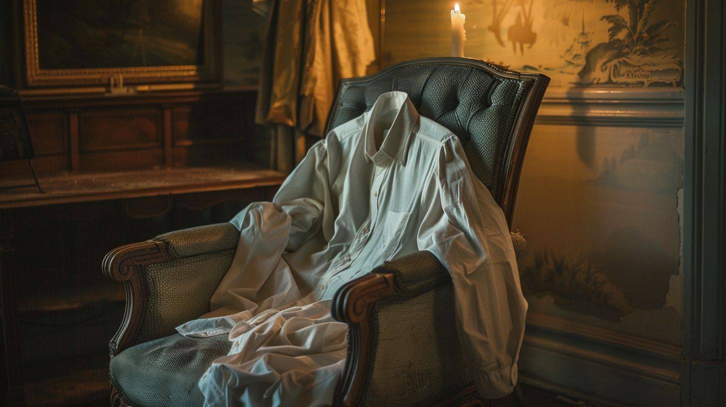 A button-down shirt resting on a vintage chair in a moody, candlelit boudoir setting.