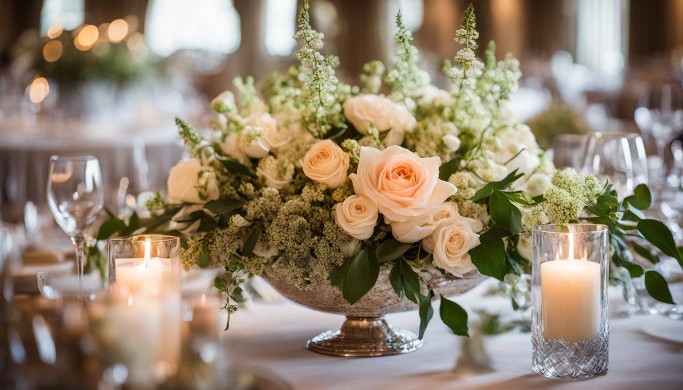 A beautifully arranged floral centerpiece for a wedding.