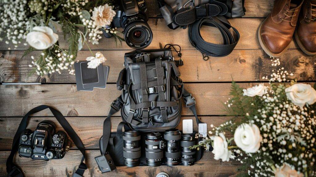 A wedding photographer's camera harness and bag filled with memory cards, capturing nature photography with a DSLR camera and wide-angle lens.
