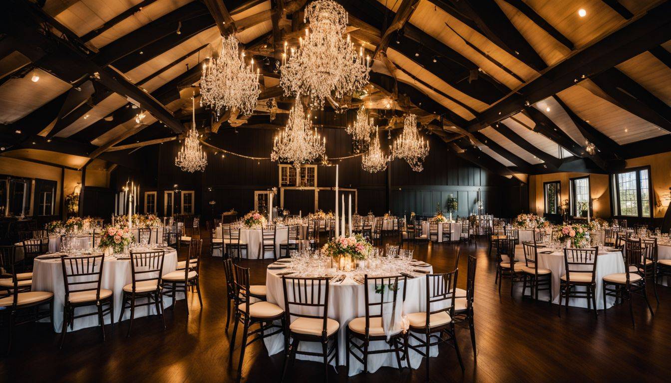 A wedding at The Chandelier Barn at Lionsgate Event Center, beautifully decorated with a bustling atmosphere.