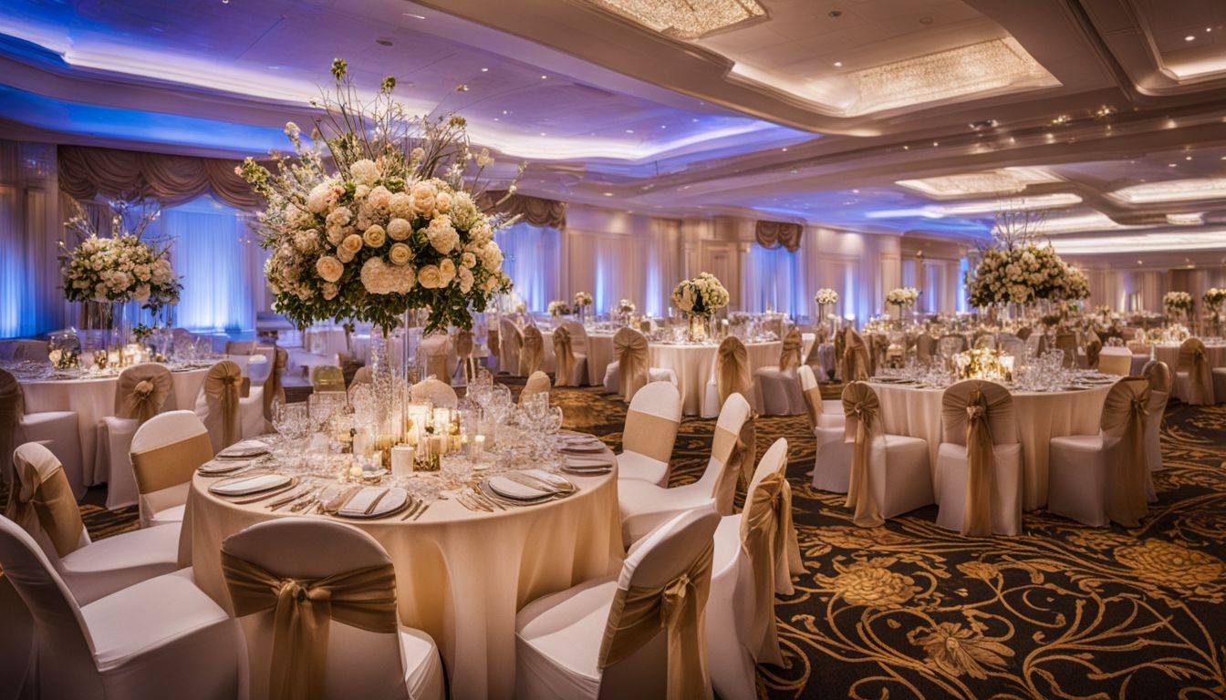 A beautifully decorated wedding reception hall with elegant table settings and a bustling atmosphere.