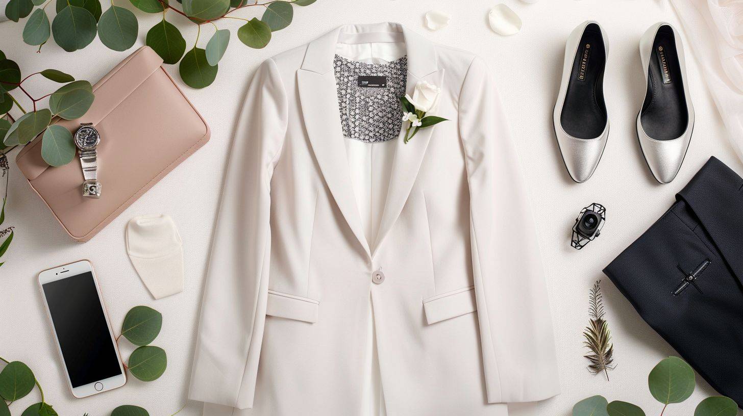 Stylish professional attire for wedding photographers shown in a flat lay photography collection.