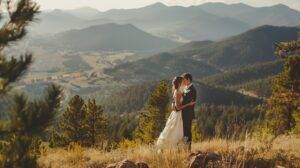 A bride and groom embrace in a wide-angle shot amidst scenic mountain views.