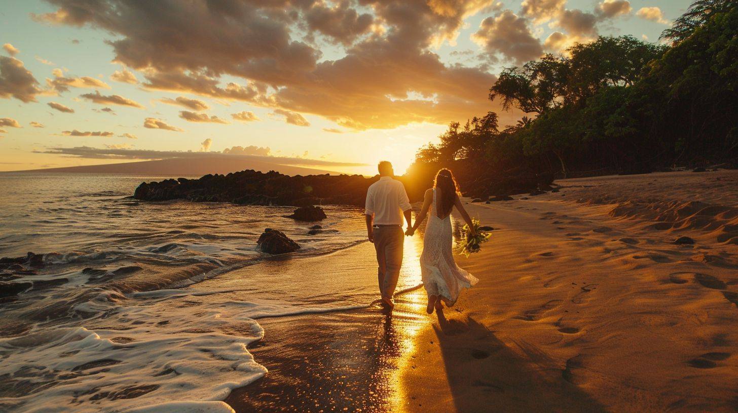 A newlywed couple holding hands walking along the shore of Makena Cove at sunset.